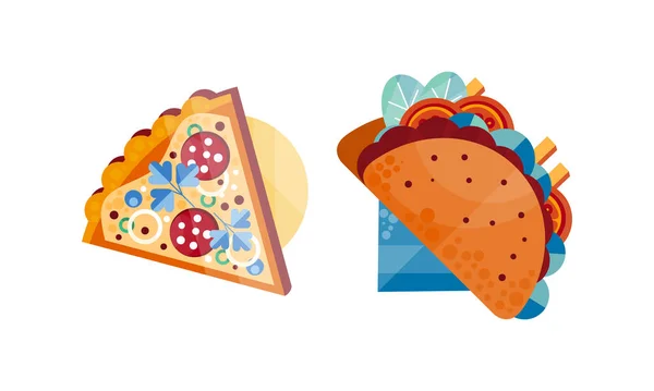 Rebanada de Pizza y Tacos, Set, Vista superior de los apetitosos platos frescos de comida rápida Vector plano Ilustración — Vector de stock