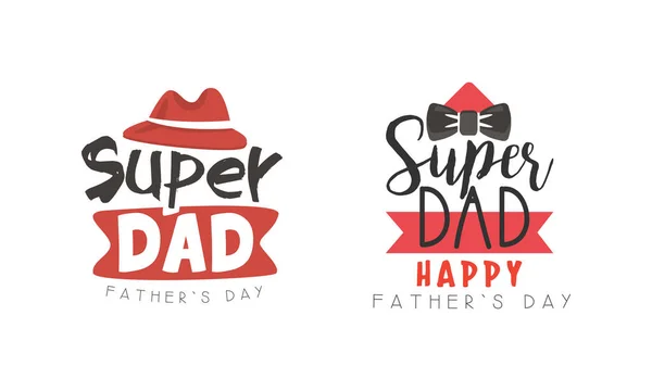 Super pappa Logo Design Collection, Happy Fathers Day svarta och röda etiketter tecknad stil vektor Illustration — Stock vektor