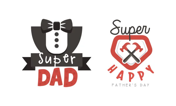 Happy Fathers Day Logo Design Set, Super pappa Svart och röda brickor Tecknad stil vektor Illustration — Stock vektor