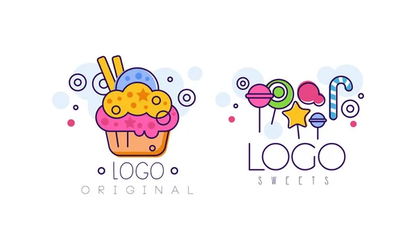 Süßigkeiten Logo Design-Set, leckere Cupcake und Bonbons Dessert-Etiketten für Bäckerei, Süßwarenladen, Cafe Design Cartoon Style Vector Illustration — Stockvektor