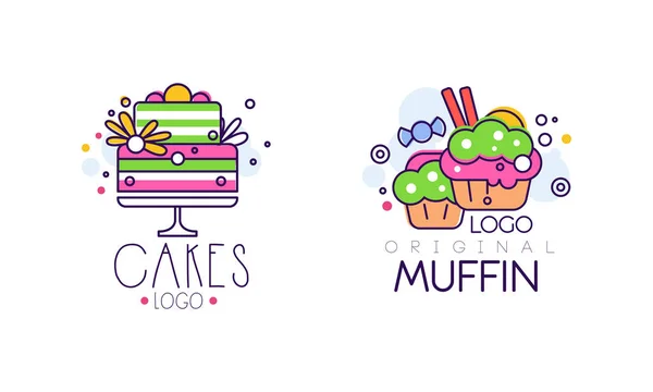 Conjunto de diseño de logotipo de postres de pasteles y panecillos, Etiquetas de alimentos sabrosos dulces para panadería, Tienda de dulces, Diseño de café Ilustración vectorial de estilo de dibujos animados — Vector de stock