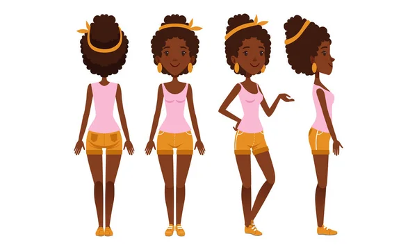 Hübsches afroamerikanisches Mädchen in verschiedenen Posen Set, schöne junge Frau Character Creation Cartoon Vector Illustration — Stockvektor