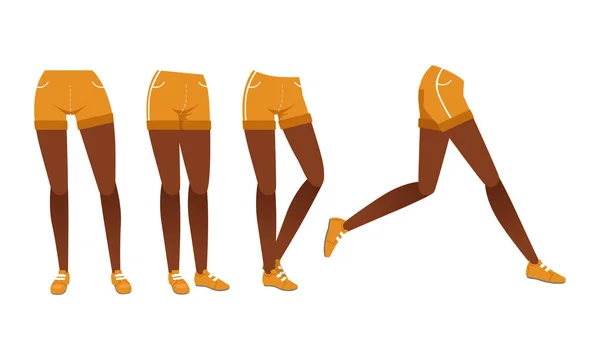 African American Girl Legs i shorts och skor i olika poser Set, kvinnlig person karaktär skapande Detaljer Tecknad vektor Illustration — Stock vektor