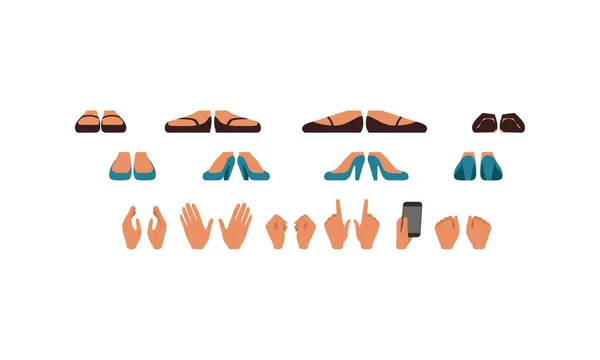 Chaussures et paumes de fille avec divers gestes ensemble, personnage féminin création dessin animé vectoriel illustration — Image vectorielle