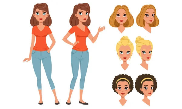 Mooi meisje in verschillende houdingen en kapsels set, mooi jong vrouw karakter creatie cartoon vector illustratie — Stockvector