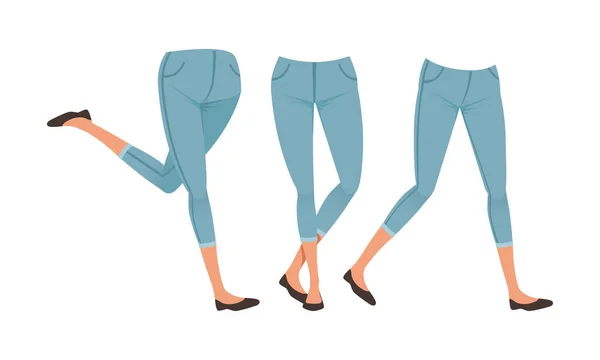 Slim Girl Legs in Denim breeches in various Poses Set, Žena Osoba Tvorba postavy Detail Cartoon Vector Illustration — Stockový vektor