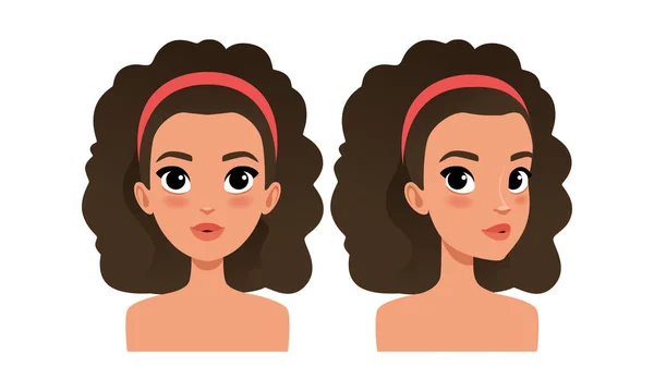 Nettes brünettes Mädchen mit lockigem Haar, hübsche junge Frau Character Creation Detail, weibliche Person Avatar Cartoon Vector Illustration — Stockvektor