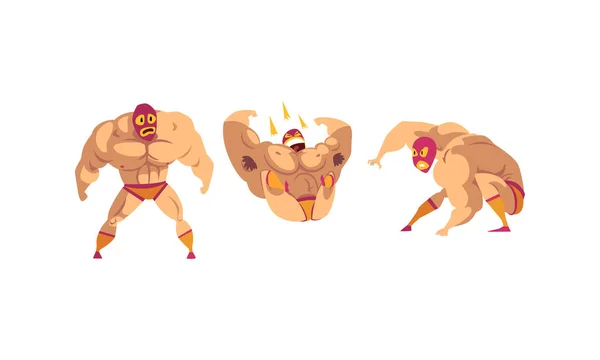 Mexicaanse worstelaar personages set, Battle Acrobat Fighters in masker cartoon vector illustratie — Stockvector