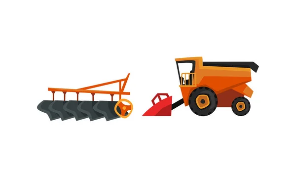 Set schwerer landwirtschaftlicher Maschinen für Anbau und Ernte Flache Vektorillustration — Stockvektor