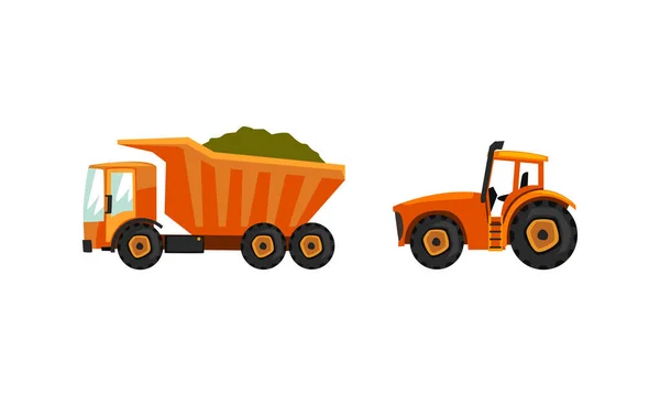 Conjunto de veículos agrícolas pesados para colheita de culturas Ilustração vetorial plana — Vetor de Stock