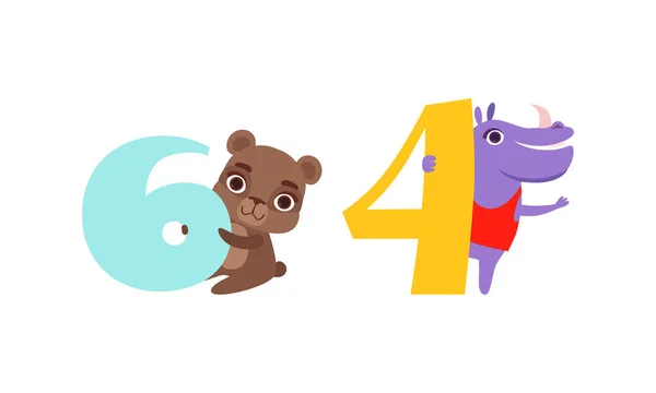 Sex och fyra siffror med söt björn och flodhäst, födelsedag årsdagen siffror med roliga djur tecknad vektor Illustration — Stock vektor