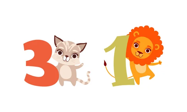 Tre e uno numeri con Leone carino e gattino, compleanno Anniversario Numeralss con animali divertenti Vettoriale del fumetto Illustrazione — Vettoriale Stock