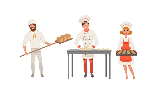 Jogo profissional do pão dos padeiros do pão do cozimento, personagens dos trabalhadores da padaria na ilustração uniforme do vetor dos desenhos animados — Vetor de Stock