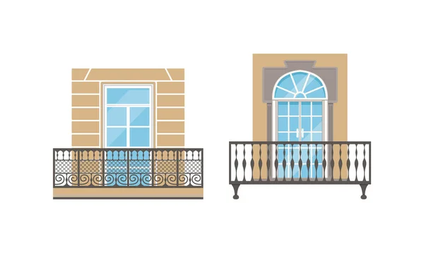Balcony Windows Colllection, Retro House Facade Design Elements with Metal Forged Fences Vector Illustration - Stok Vektor