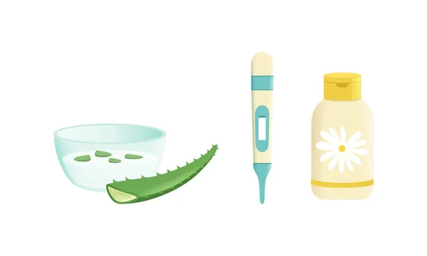 Aloe vera, Medicine Bottle with Chamomile and Digital Medical Thermometer, Natural Remedy for Cold Treatment, Ethnoscience and Healthcare Concept Cartoon Vector Illustration (dalam bahasa Inggris). - Stok Vektor