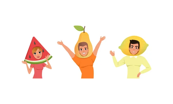 Smiling People in Fruit Headdress, Happy Persons Wearing Watermelon, Pear, Lemon Headgears Cartoon Vector Illustration — Stock Vector