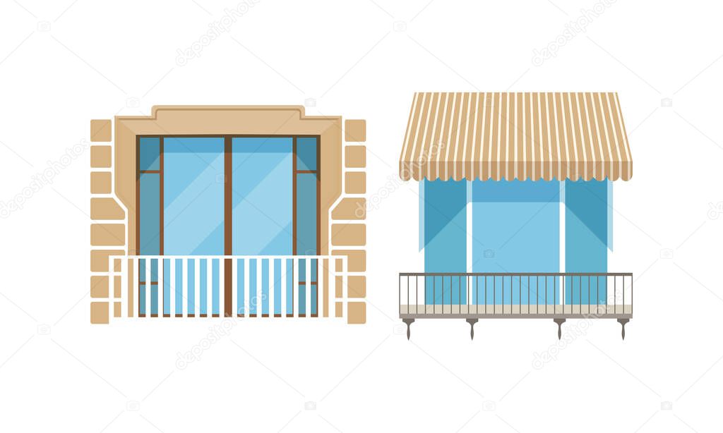 Modern Balcony Windows Set, House Facade Design Elements Vector Illustration