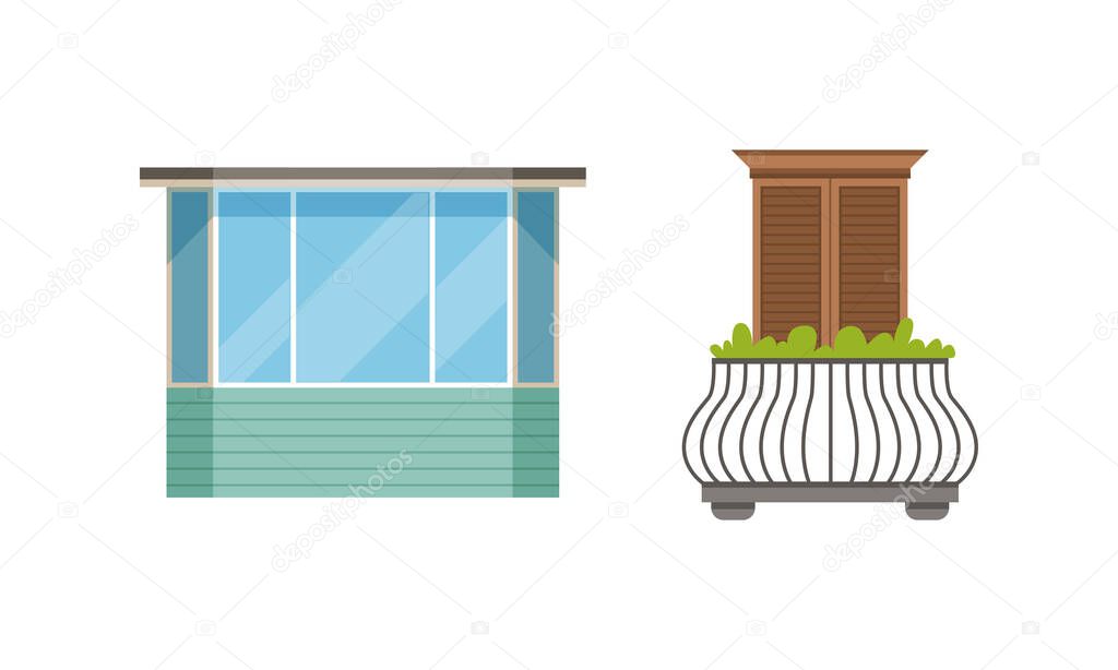 Balcony Windows Colllection, Modern and Retro House Facade Design Elements Vector Illustration