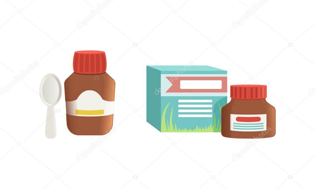 Medication Bottles Set, Jar of Ointment and Cough Syrup Cartoon Vector Illustration