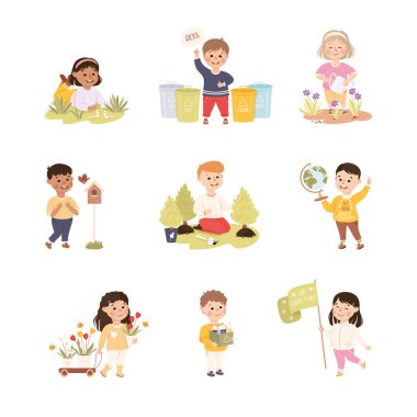 Dünyayı Kurtarın, Ekoloji Kavram Seti, Çöp Toplayan ve Sıralayan Çocuklar, Ağaç Sapları Dikme ve Doğa Çizgiromanının Vektör İllüstrasyonu