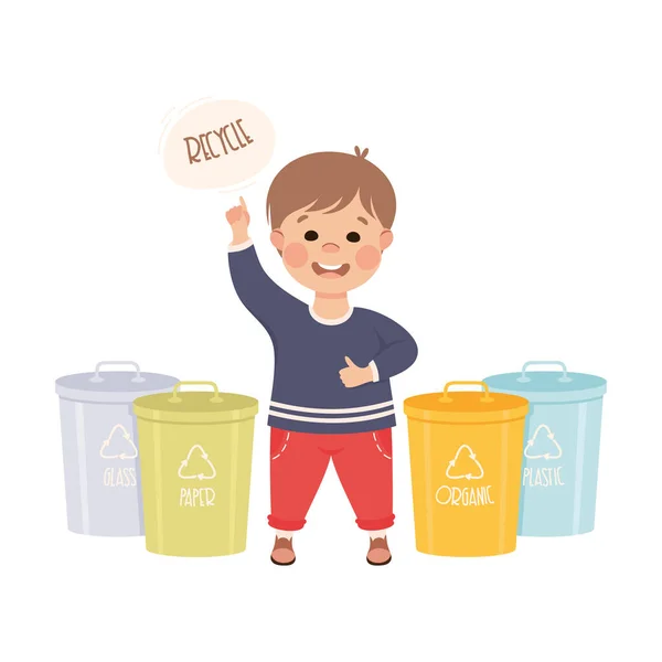 リサイクルのためのゴミ収集少年、ゴミの分別少年、世界を救うためのゴミ収集少年、エコロジーコンセプト漫画ベクトルイラスト — ストックベクタ