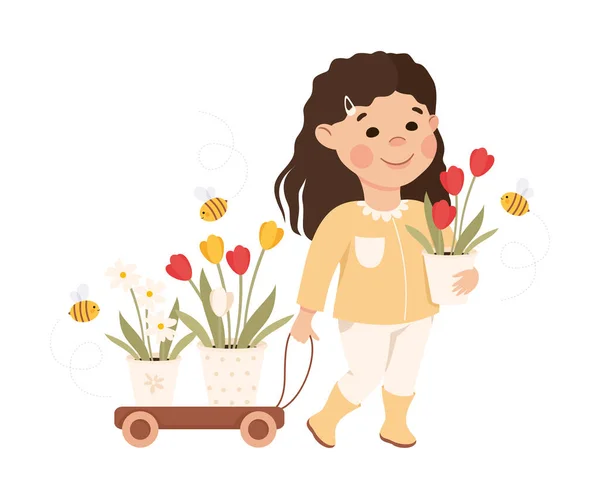 Мила усміхнена маленька дівчинка тягне дерев'яний візок з весняними квітами тюльпанів, врятуйте світ, концепція екології Мультфільм Векторні ілюстрації — стоковий вектор