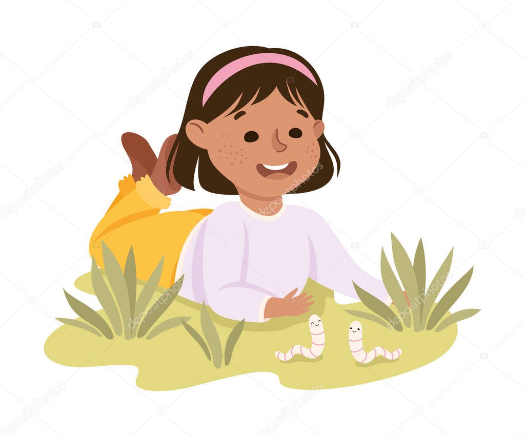Adorable Girl Lying on Lawn Watching Caterpillars, Save the World, Ecology Concept Cartoon Vector Illustration