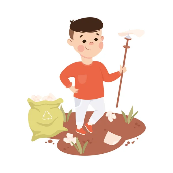 Cute Boy czyszczenia śmieci, uratować świat, Ekologia Concept Cartoon Wektor ilustracji — Wektor stockowy