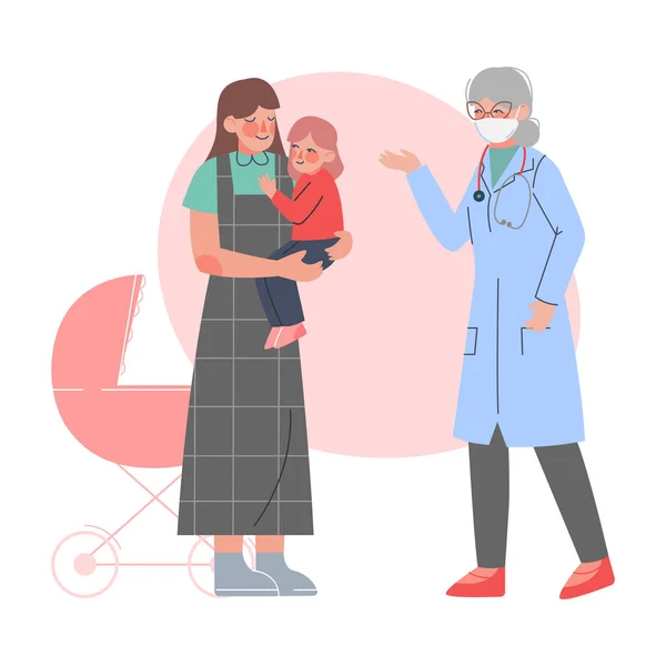 Maman et son bébé visitent le médecin, pédiatre consultant peu patient dans la clinique médicale, la santé et le traitement médical pour les enfants Illustration vectorielle de bande dessinée — Image vectorielle