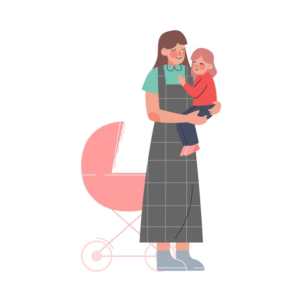 Mamá sosteniendo bebé pequeño en sus manos ilustración vectorial de dibujos animados — Vector de stock