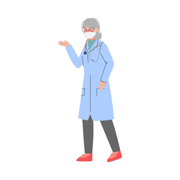 Manlig läkare tecken i White Gown och skyddande ansikte mask, hälsa och medicinsk behandling koncept tecknad vektor Illustration — Stock vektor