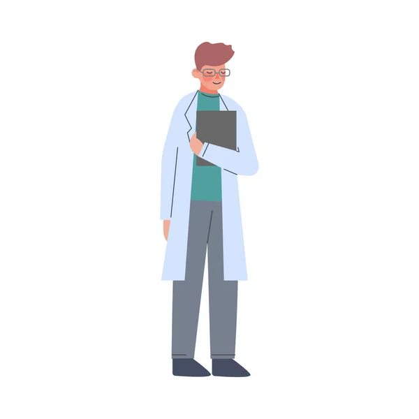 Manlig doktor i vit Gown med medicinsk rapport, Hälsa och medicinsk behandling koncept tecknad vektor Illustration — Stock vektor