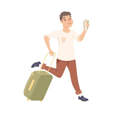 Havaalanında aceleyle uçan erkek turist, valiziyle koşan genç adam yaz tatili çizgi film temsilcisi