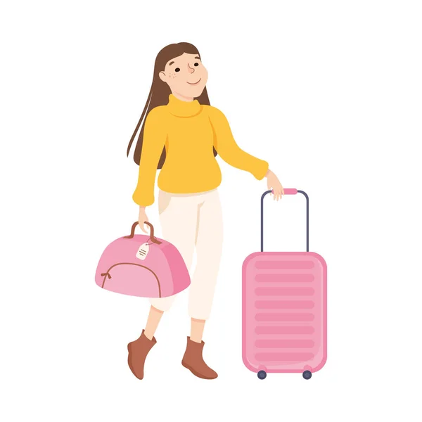 Jovem mulher em roupas de moda turista viajando com saco e mala, menina indo de férias viagem Cartoon Vector Ilustração — Vetor de Stock