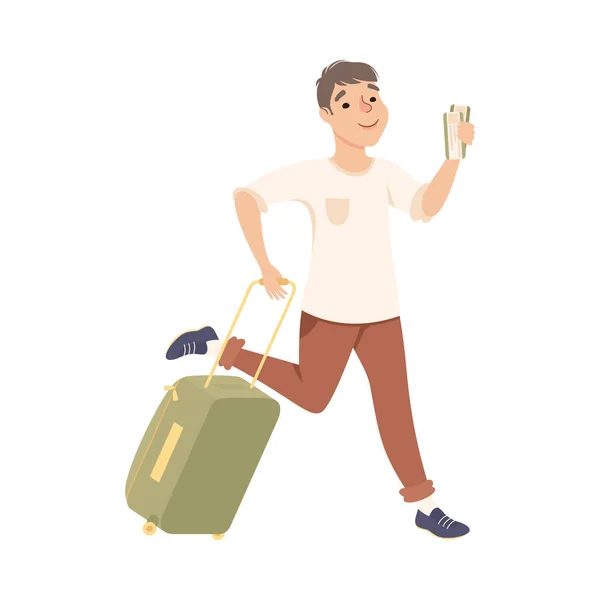 Turista masculino que se apresura a volar en el aeropuerto, joven que corre con la maleta que va en vacaciones de verano Dibujos animados Vector Ilustración — Vector de stock