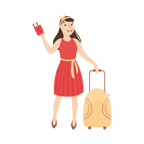 带着手提箱和机票去机场的女游客，带着度假旅行卡通画的女游客 — 图库矢量图片