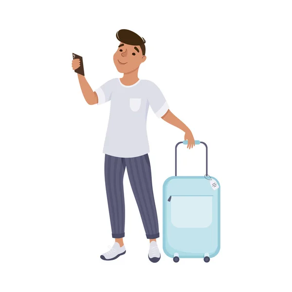 男子游客与手提箱和智能手机站在一起，盖伊正在放暑假漫画病媒图解 — 图库矢量图片