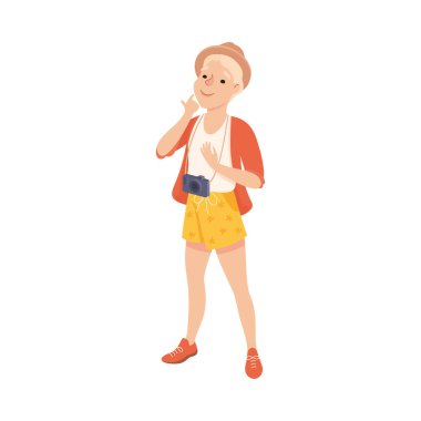 Kamera Gören Genç Adam, Yeni Ülkeleri Ziyaret Eden ve Yaz Tatili Çizgi Filmlerinde Seyahat Eden Vector Illustratio