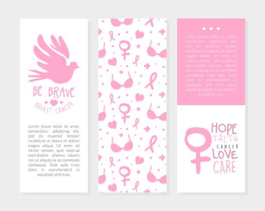 Cesur Kart Şablonları Ayarlandı, Göğüs Kanseri Sancağı, Broşür, Poster, Flyer Tasarım Çizim Vektörü Resimleri