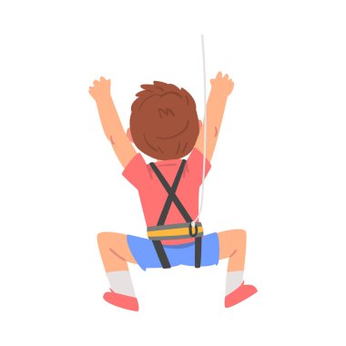 Tatlı Çocuğun Duvara Tırmanması, Çocuk Tırmanma Karakteri Aşırı Spor Uygulaması, Macera Parkı Çizgi Film Stili Resimlerinde Eğlenmesi