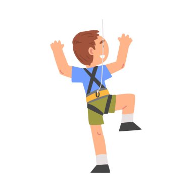 Gülümseyen Çocuk Kaya Dağcısı Karakteri, İp Üzerine Tırmanan Komik Çocuk, Spor Yapan Çocuk Ya da Macera Parkı Çizgi Film Stili Resimlerinde Eğleniyor