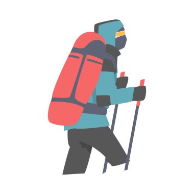 Sırt çantalı Erkek Karakteri Yükselen Dağ Vektörü İllüstrasyonu