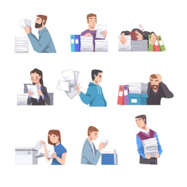 Kağıt Yığını Vektör İllüstrasyonlu Çok Çalışmış İnsanlar Masasında Karakterler