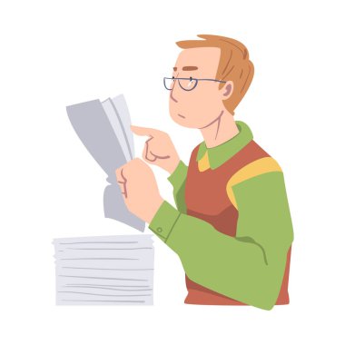 Genç Erkek Masada Kağıtlar Yığını Vektör İllüstrasyonuyla Oturuyor