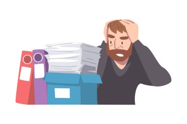 Çok çalışan Sakallı Adam Elleri ile Kafasını Tutan Kağıt Yığını Vektör Resimlerine Bakan Karakter