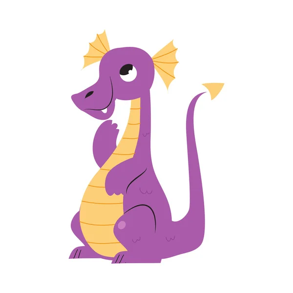 Roztomilé fialové dítě drak, legrační fantastické stvoření pohádkové postavy karikatura styl vektorové ilustrace — Stockový vektor