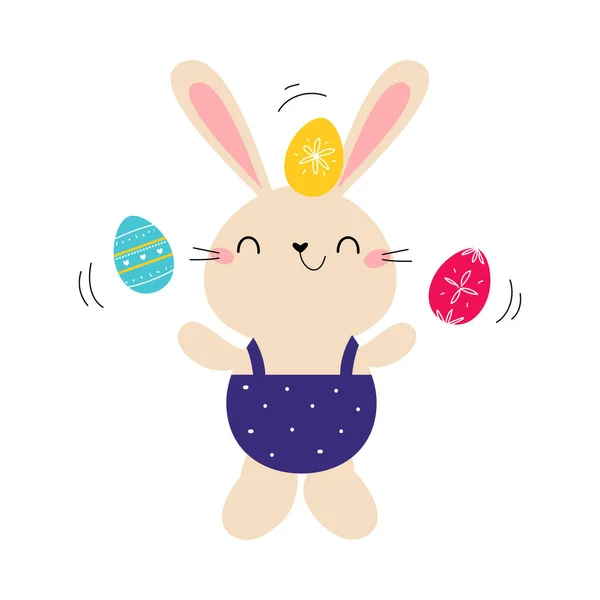 Niedlicher kleiner Hase mit bunten Eiern, entzückender rosa Osterhase, Ostereiersuche-Karte, Poster, Einladungsvorlage im Cartoon-Stil Vektor-Illustration — Stockvektor