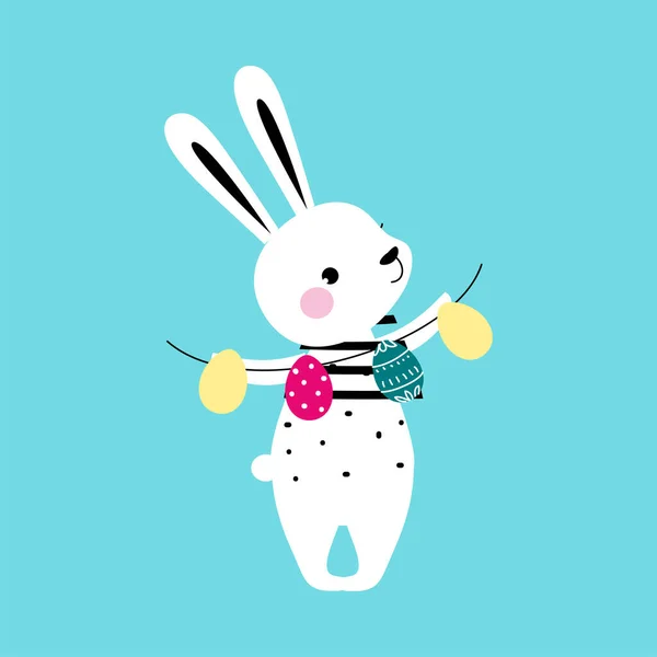 Cute Little Bunny Holding Garland Feito de ovos coloridos, Coelho de Páscoa Branco Adorável, Cartão de Caça ao Ovo de Páscoa, Cartaz, Design de Convite Desenhos Animados Estilo Vetor Ilustração — Vetor de Stock