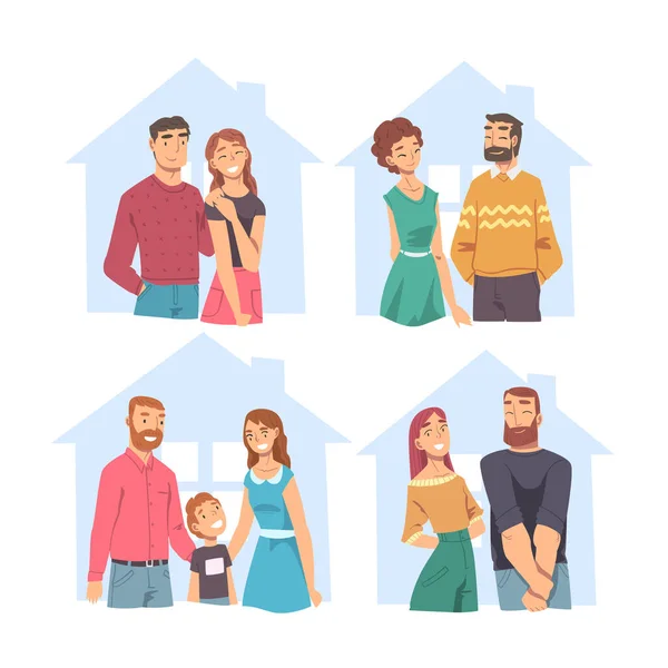 Coppie di famiglia in casa Outline Set, Astratto Immobiliare, Persone che progettano di acquistare o affittare una nuova abitazione in stile piatto Vector Illustrazione — Vettoriale Stock