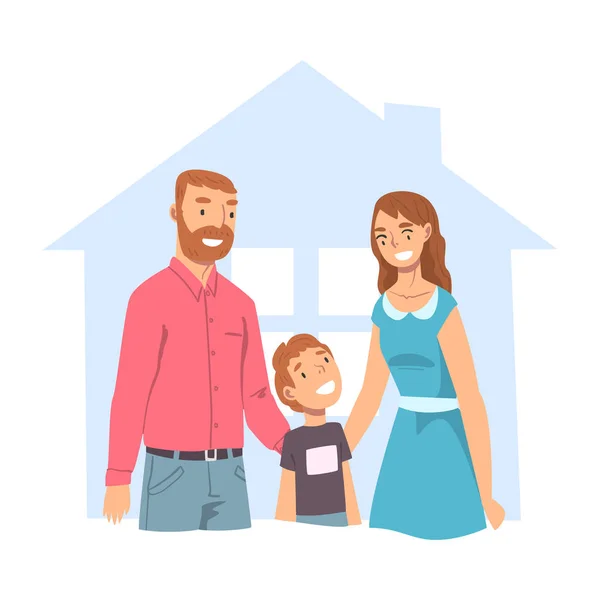 Happy Family Inside Outline House, Abstract Real Estate, Smiling Parents and their Son Dreaming about New Dwelling Flat Style Vector Illustration —  Vetores de Stock